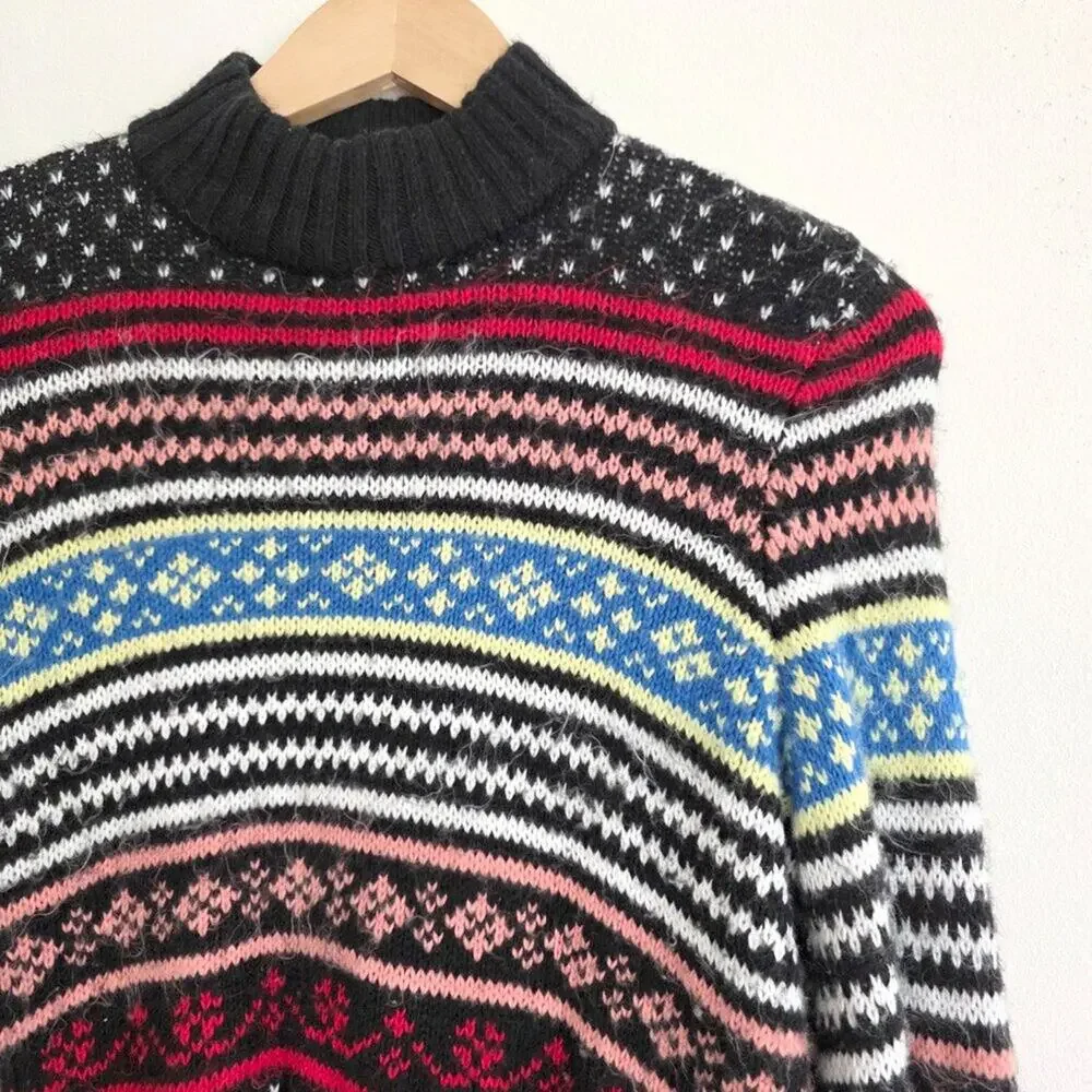 American Eagle Fair Isle Mock Neck Sweater Small Black Multi Color Knit Boho Coz